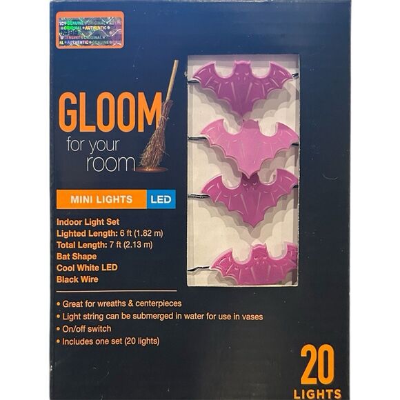 2x Set of 20 LED Halloween Bat Indoor Purple Lights - Battery Length 6ft - Picture 2 of 3